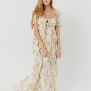 Haven 100% Cotton Tie-Front Maxi Dress in Taupe/Brown Floral - Bump Friendly